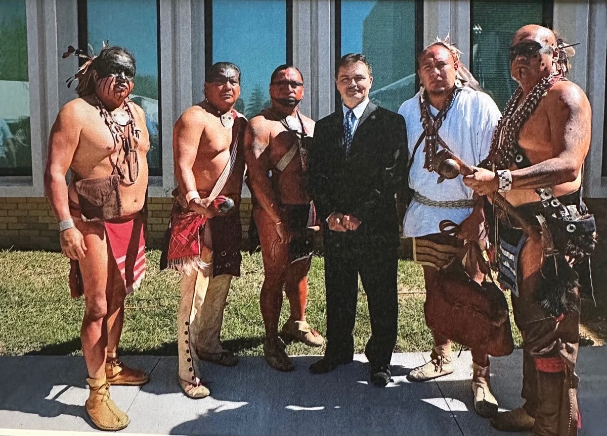 Chief Lambert with Cherokee warriors at the opening of the new VA Medical Center ward in Asheville