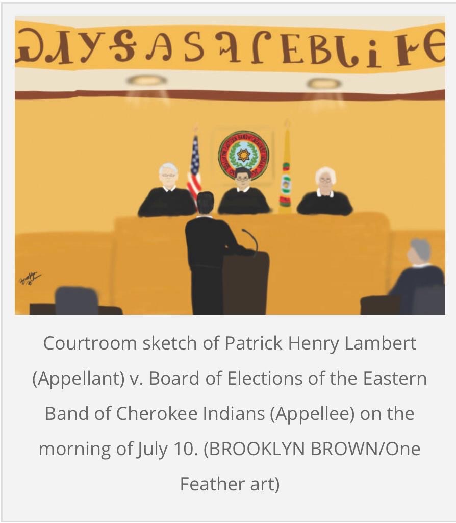 Courtroom sketch of Lambert v. Board of Elections, Cherokee Supreme Court, by Brooklyn Brown, One Feather