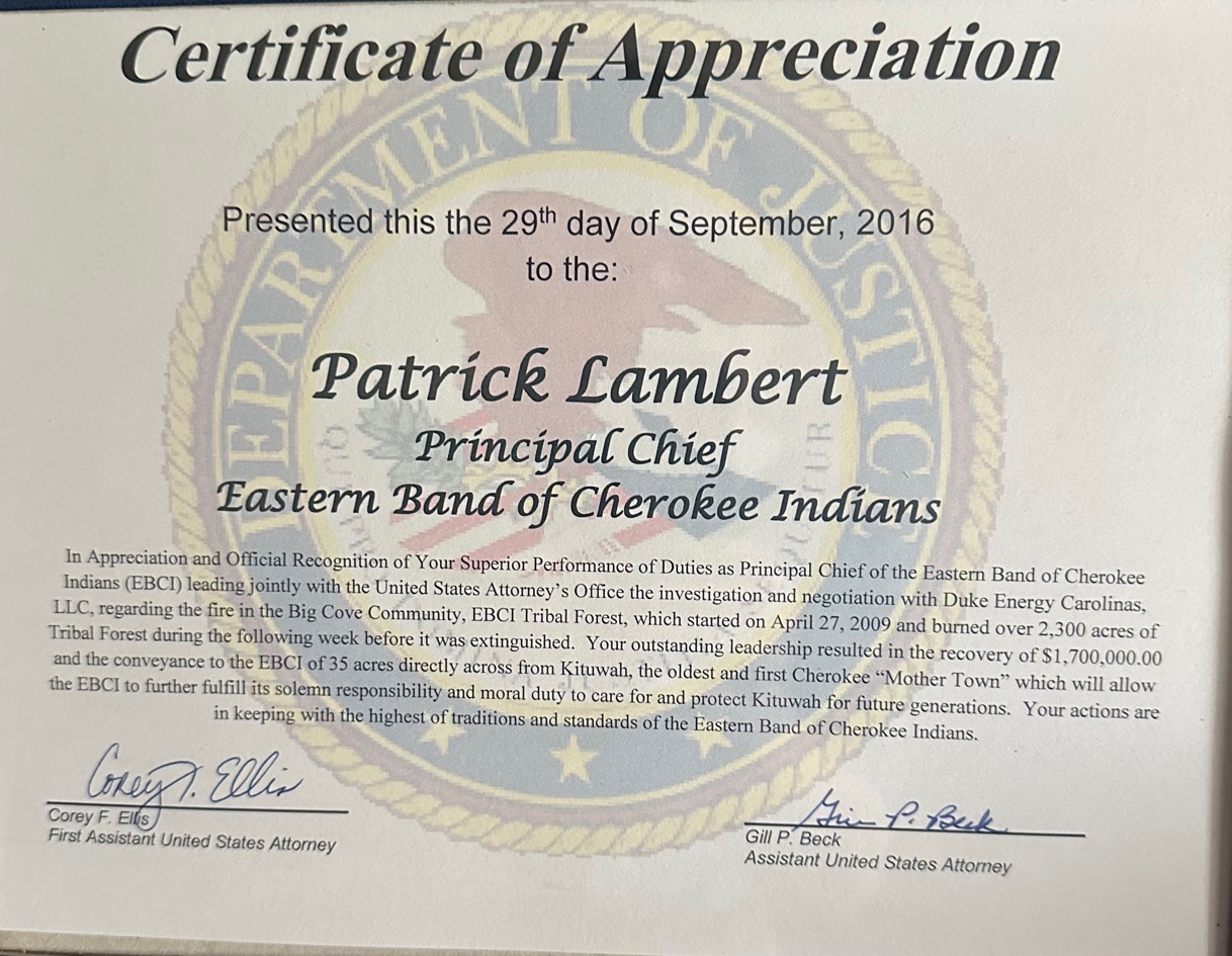 U.S. Department of Justice Certificate of Appreciation