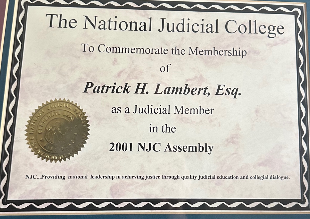 National Judicial College membership certificate, 2001