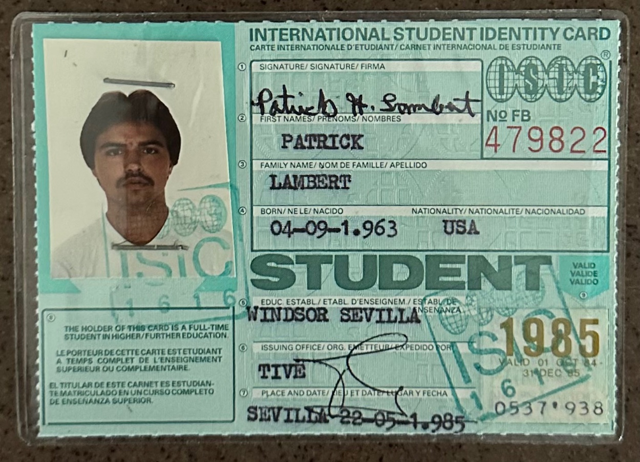 Patrick Lambert International Student ID, Windsor Sevilla, 1985