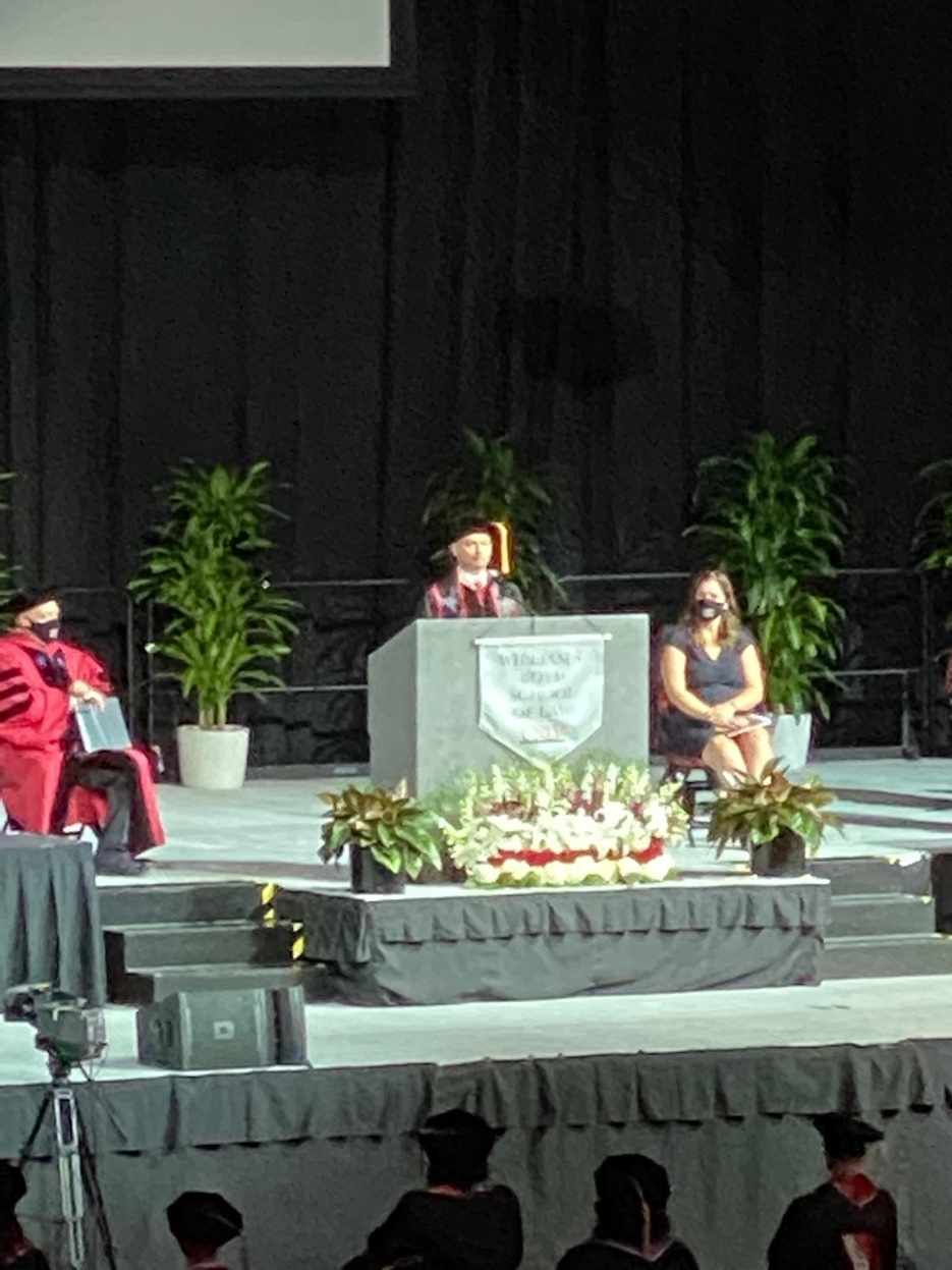Patrick Lambert at the podium, UNLV Boyd School of Law commencement, 2021