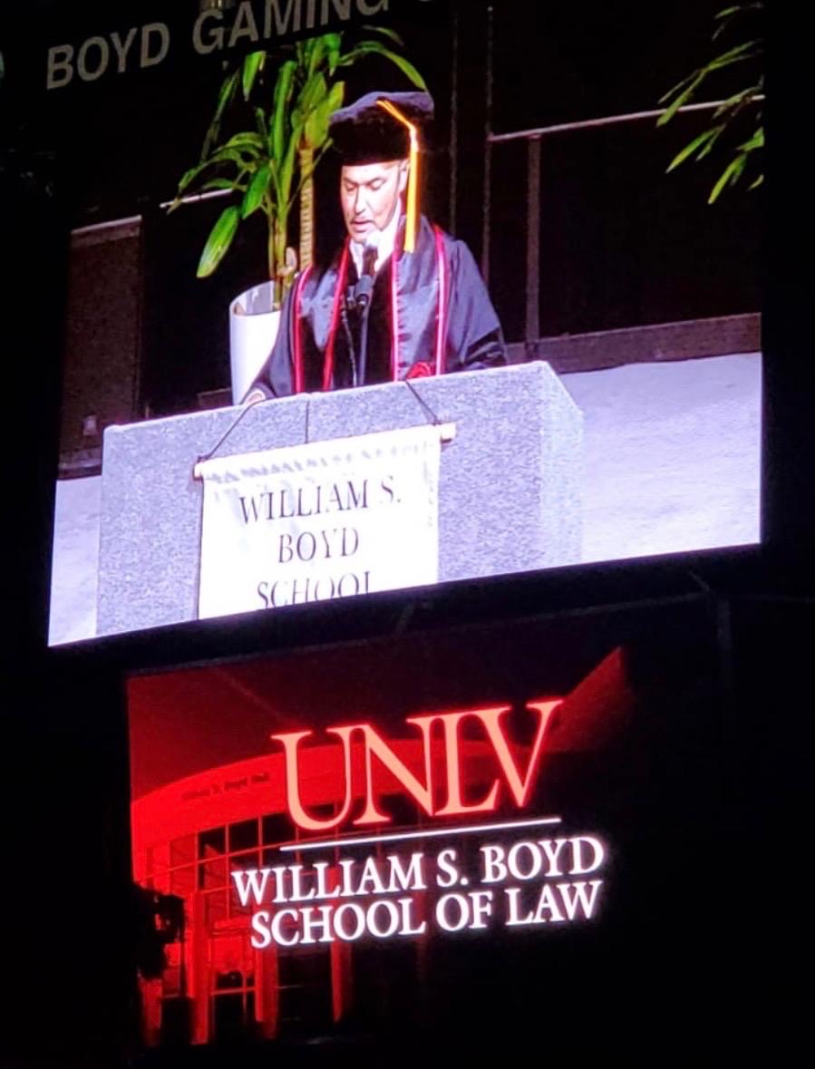Patrick Lambert on the jumbotron delivering keynote address, UNLV Boyd School of Law, 2021